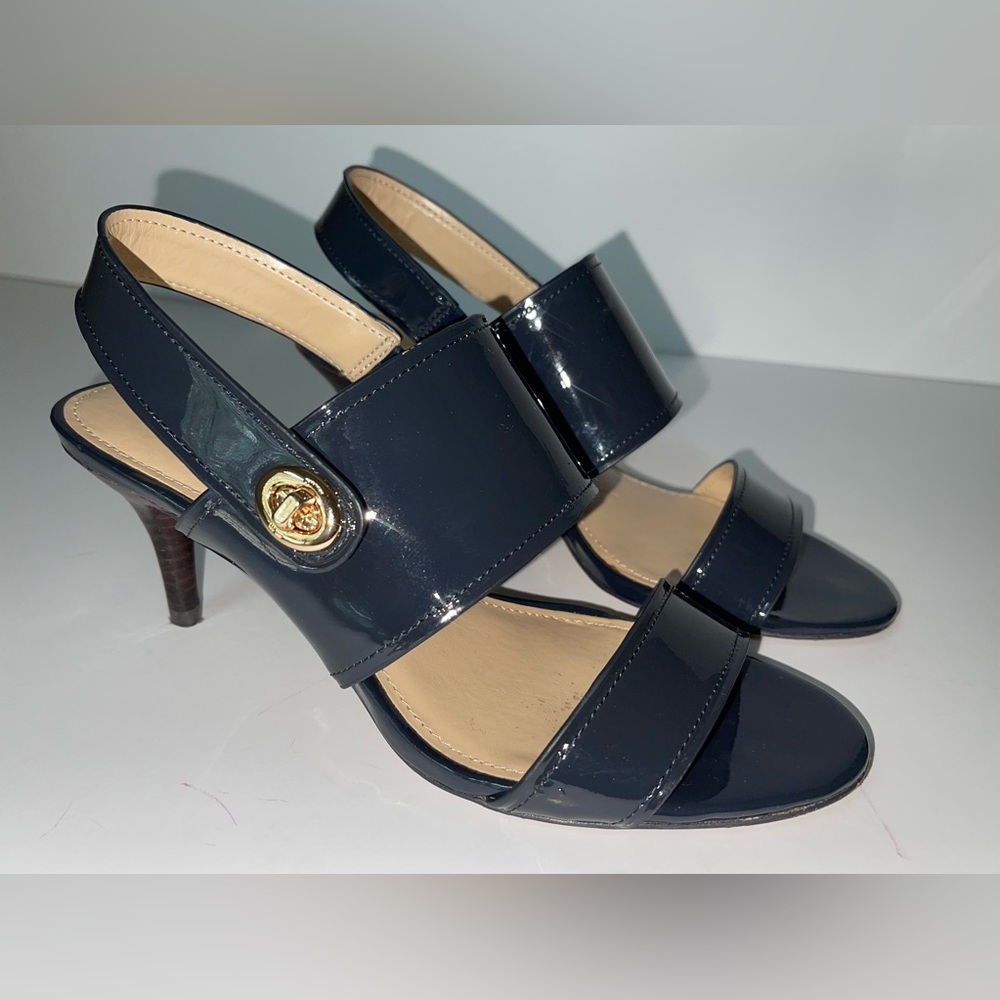 Coach Marla Patent Leather Open Toe Turnlock Slingback Heels Navy Size 7